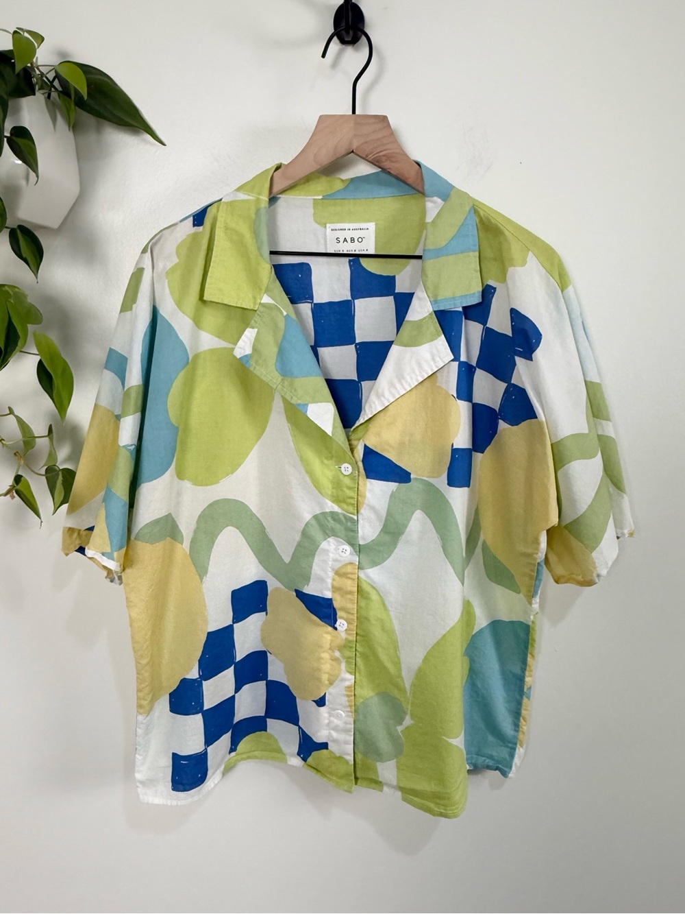 Sabo Seona Top Relaxed Button Down Shirt Blue Green Yellow Abstract S 4 Resort